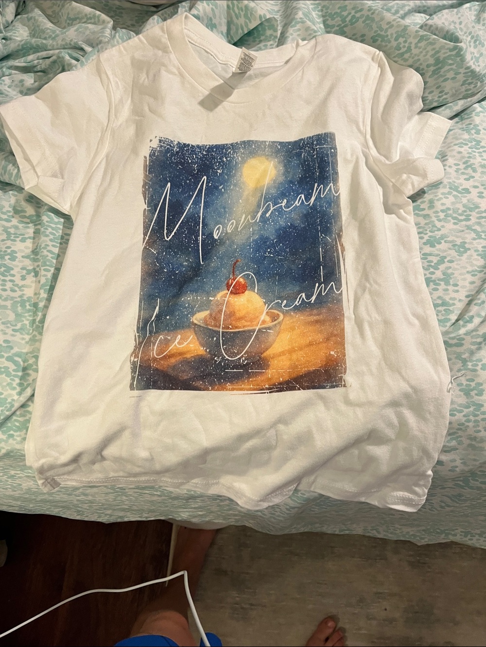 White Kids' Graphic Tee with Moonbeam Ice Cream Print